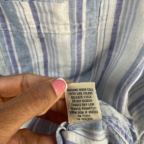 LL Bean Top Large Linen Button Down Long Sleeve Striped Shirt Coastal Relaxed - Picture 14 of 15